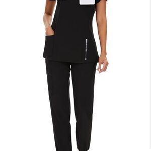 Black Scrubs for Women sets V-neck top with jogger pants eight pockets